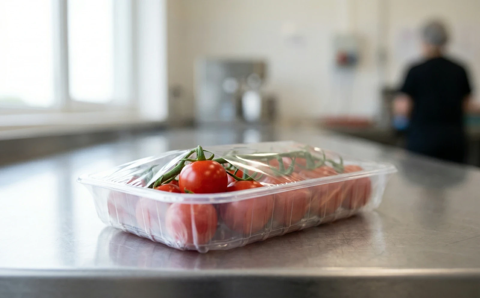 Fresh tomatoes in a tray sealed by a map packaging machine in a food processing plant.