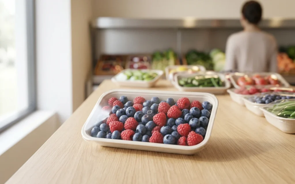 Fresh berries in a tray sealed by a map packaging machine to preserve texture and shelf life.
