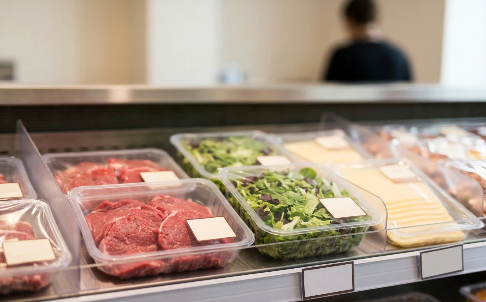 Fresh meat and salad in trays sealed by an industrial map packaging machine.