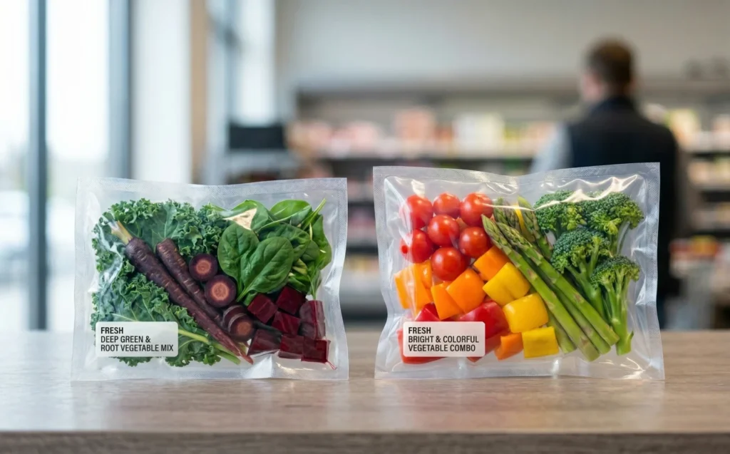 Comparing fresh vegetables in MAP and vacuum bags produced by a map packaging machine.