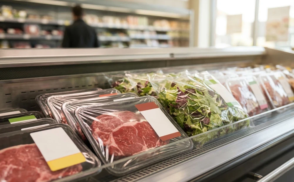 Retail display of fresh meat and vegetables packaged with a modified atmosphere packaging machine.