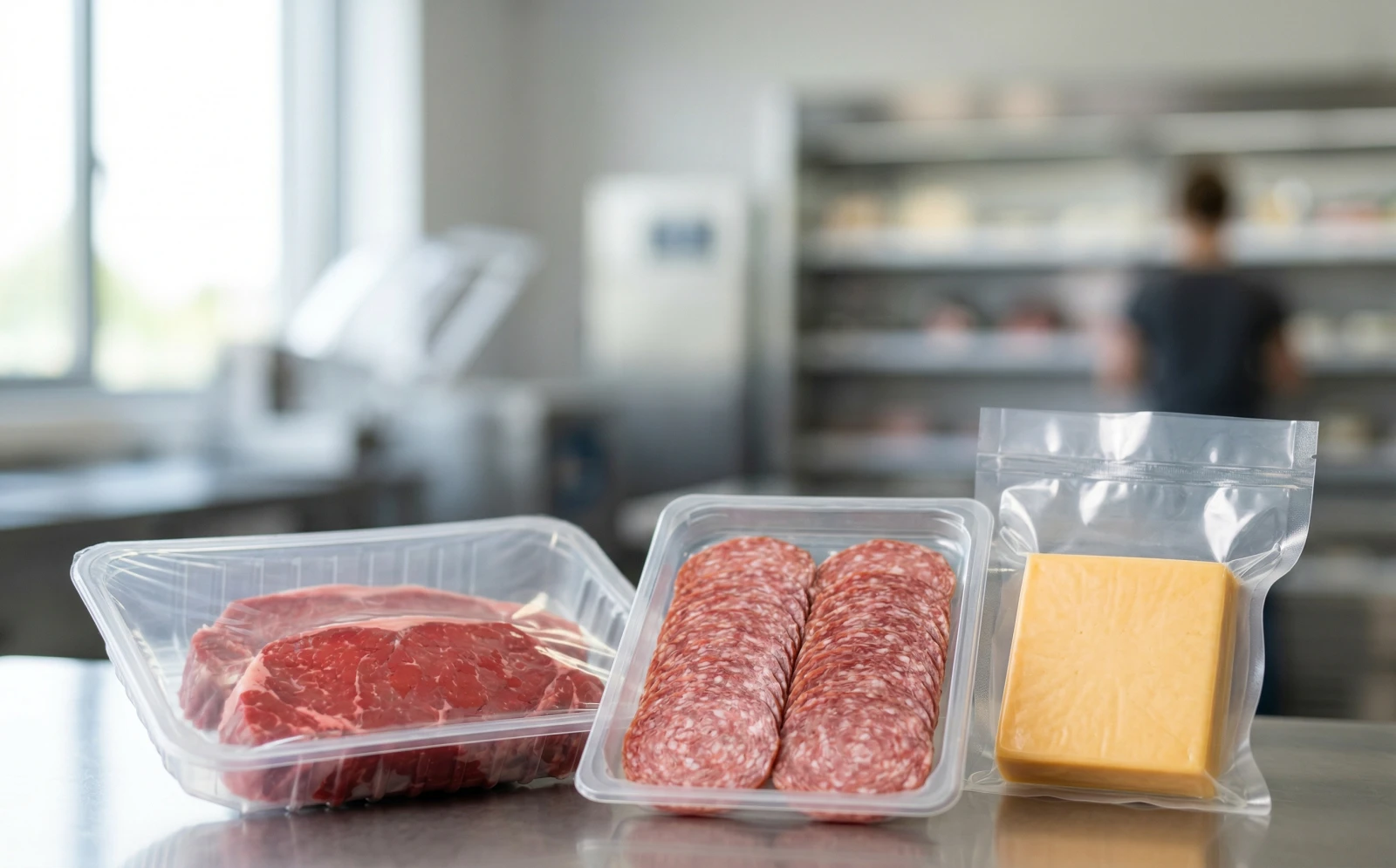 Different food products including meat and cheese in MAP trays and pouches by a map packaging machine.