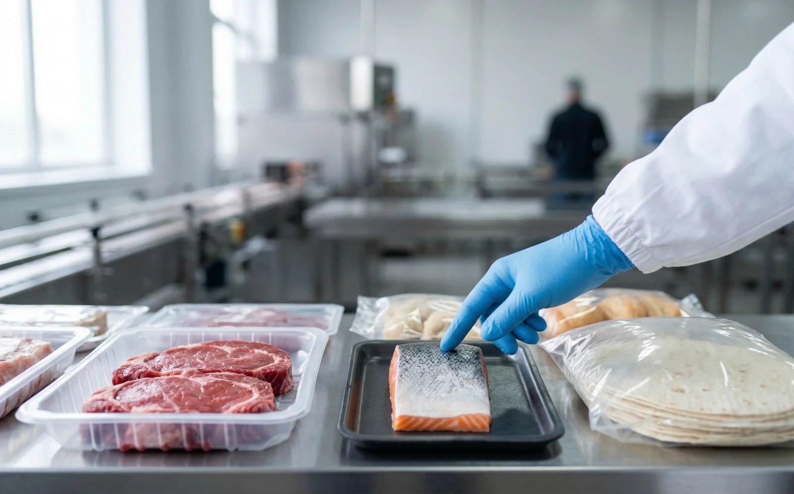 Selecting various food products for a map packaging machine in a professional processing facility.