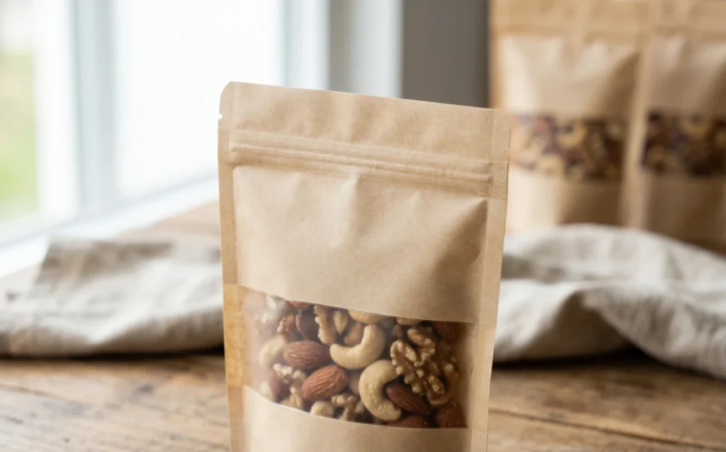 Hermetically sealed stand-up pouch containing nuts showing food packaging machine results