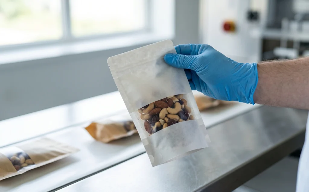 Quality inspection of a sealed nut pouch produced by an automated food packaging machine