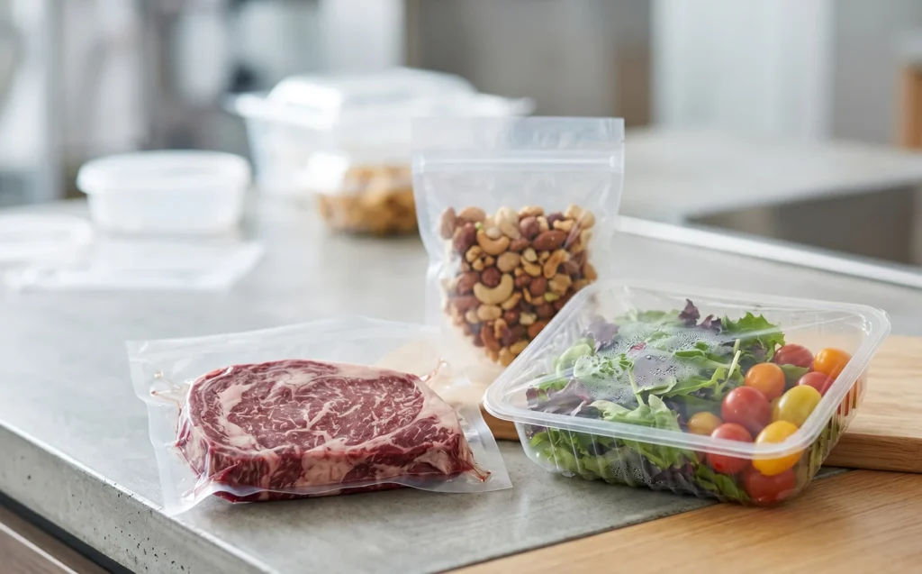 Professional food packaging machine results showing vacuum sealed meat, fresh salad tray, and snacks in a clear pouch.