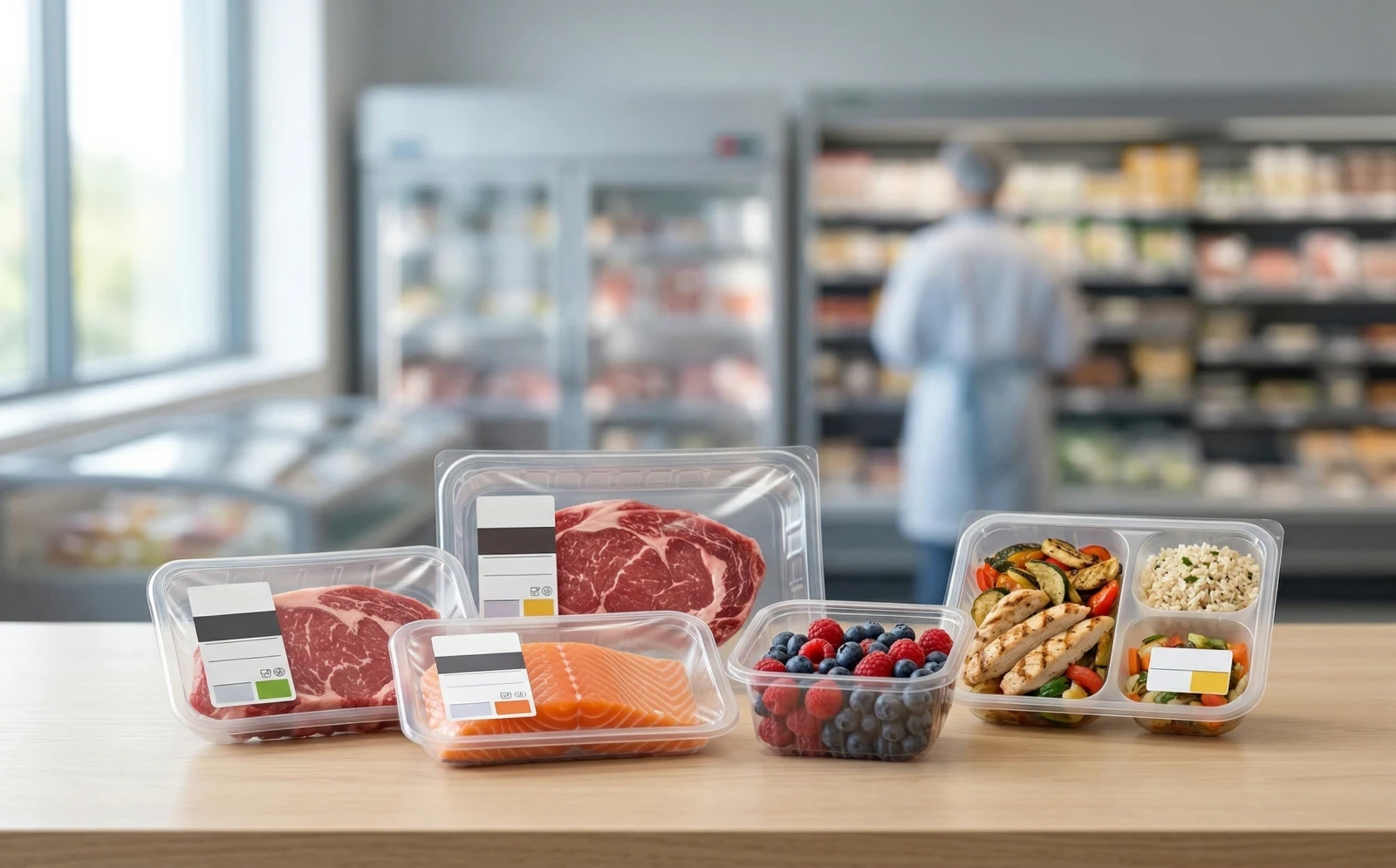 Meat, salmon, berries, and ready meals preserved by a map packaging machine in a food facility.