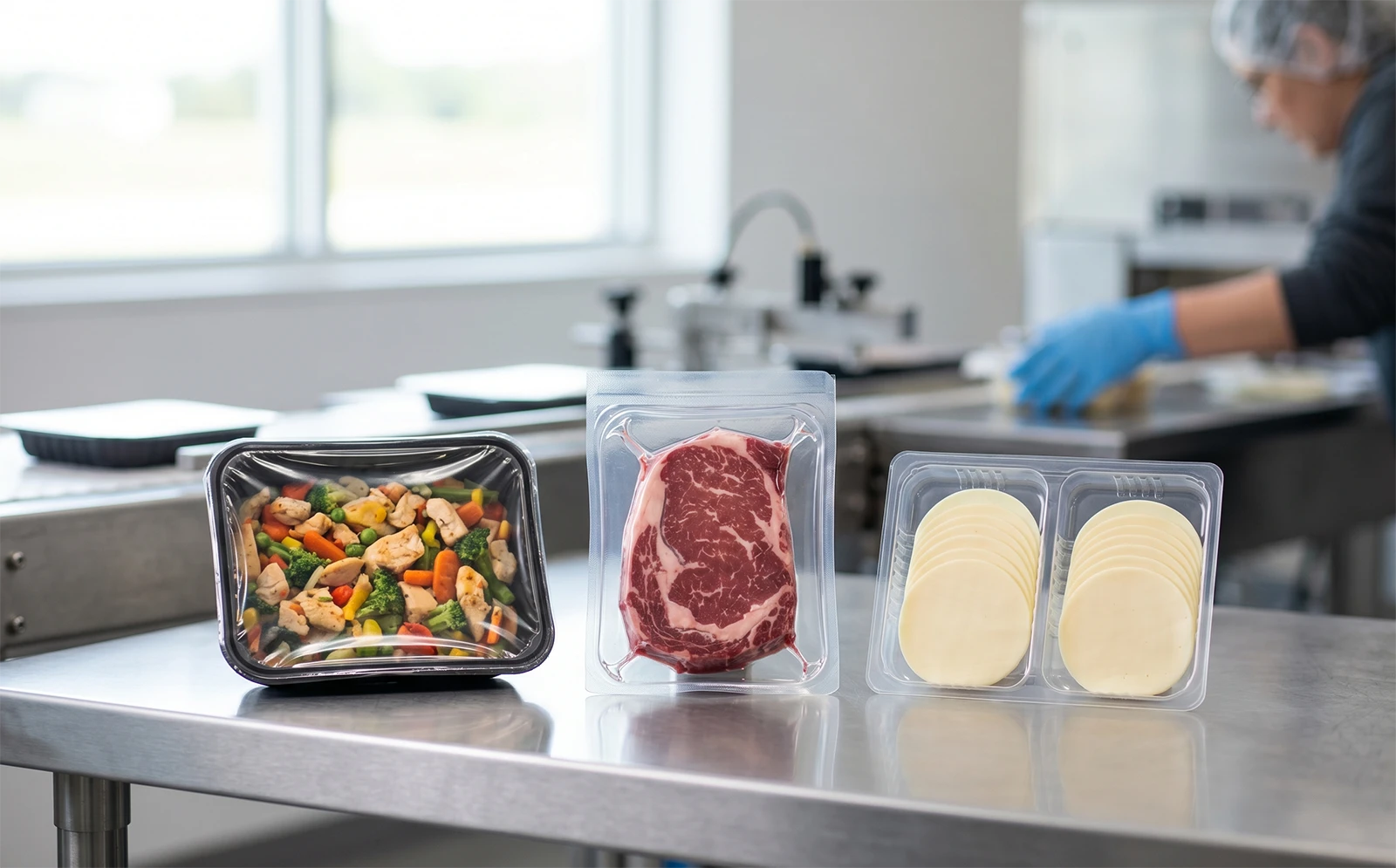 Comparison of tray sealed ready meals and vacuum packed meat from a food packaging machine