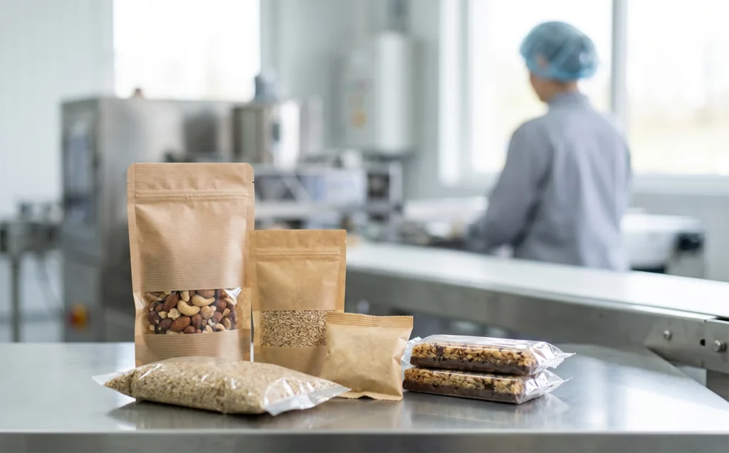 Various food packaging machine formats including stand-up pouches and flow wraps for retail