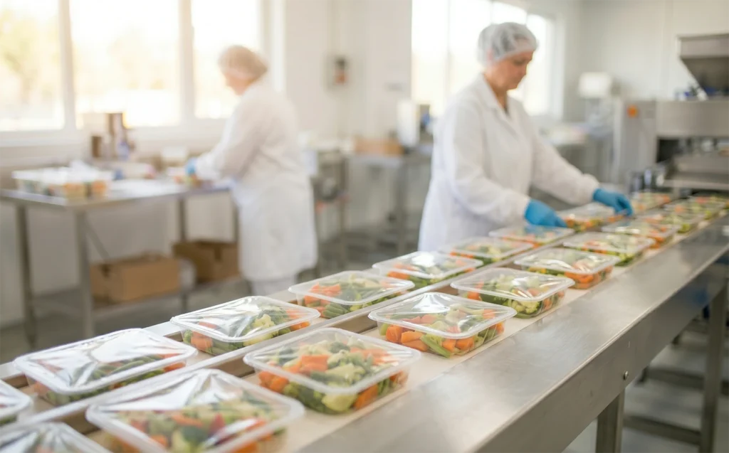 Automated tray sealer machine processing fresh vegetable meals in a clean food production facility