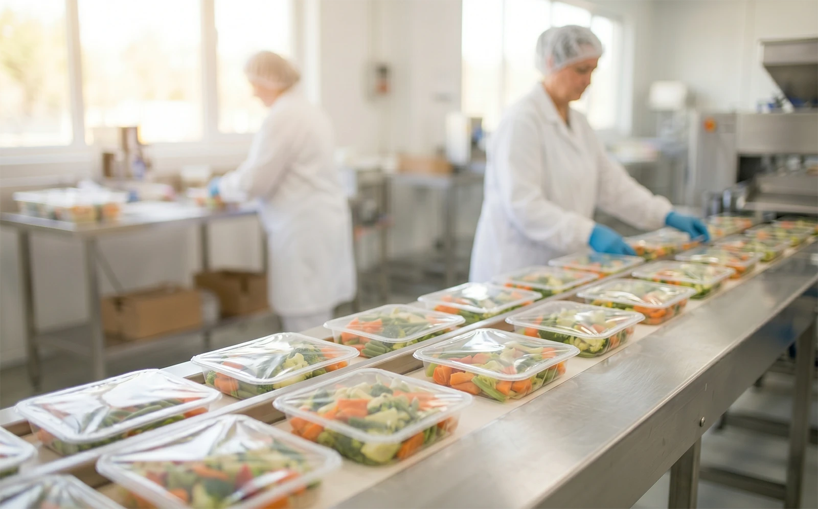 Automated tray sealer machine processing fresh vegetable meals in a clean food production facility