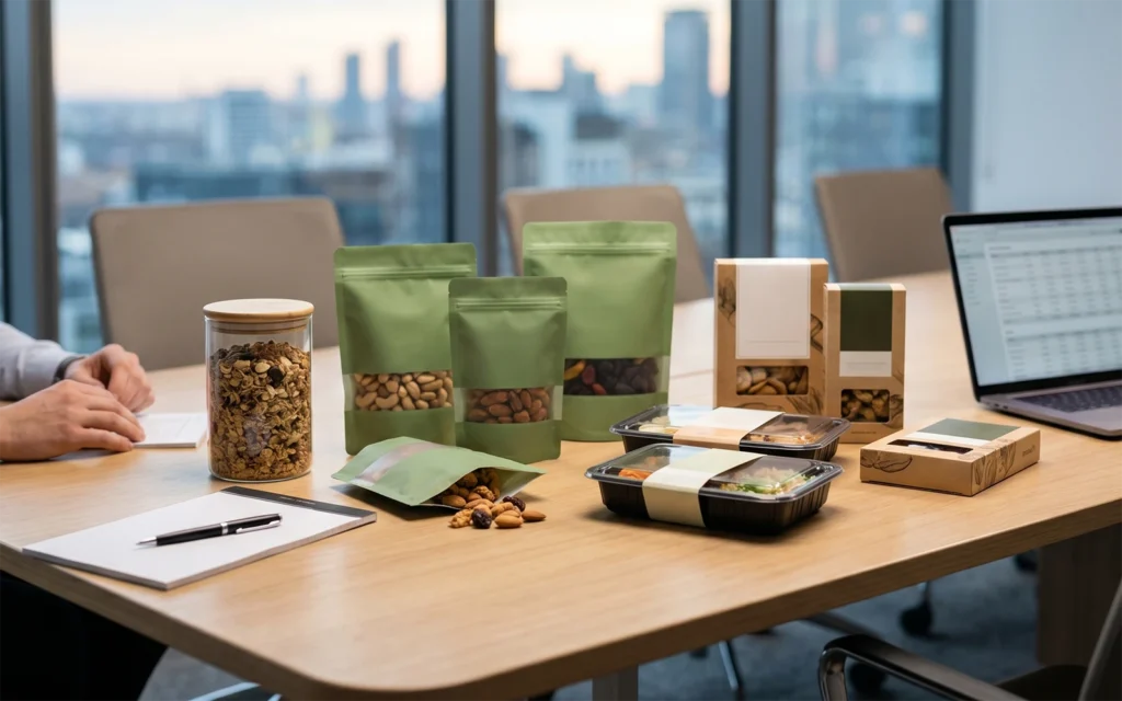 Food packaging samples and data on a laptop for choosing a packaging machine supplier.