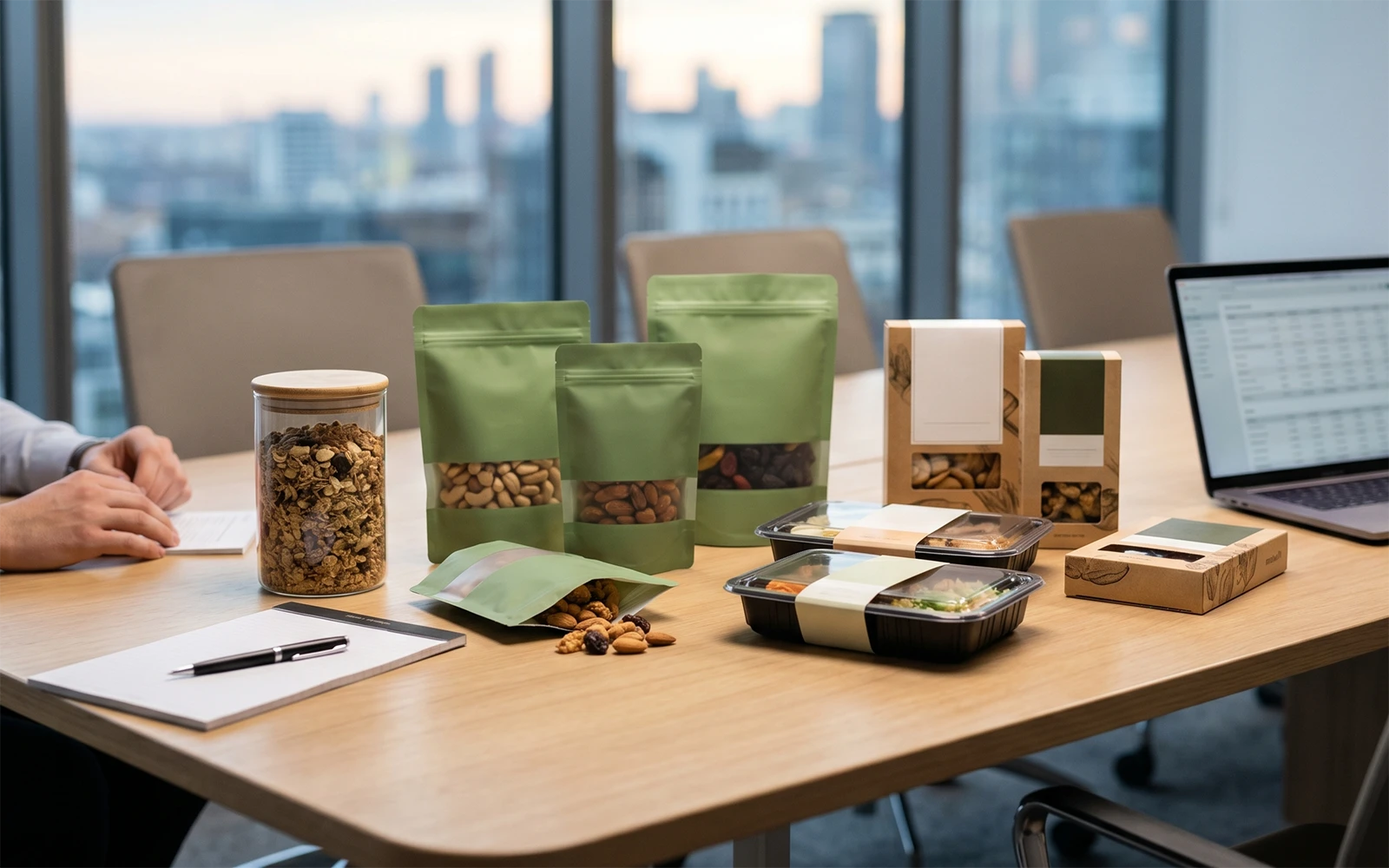 Food packaging samples and data on a laptop for choosing a packaging machine supplier.