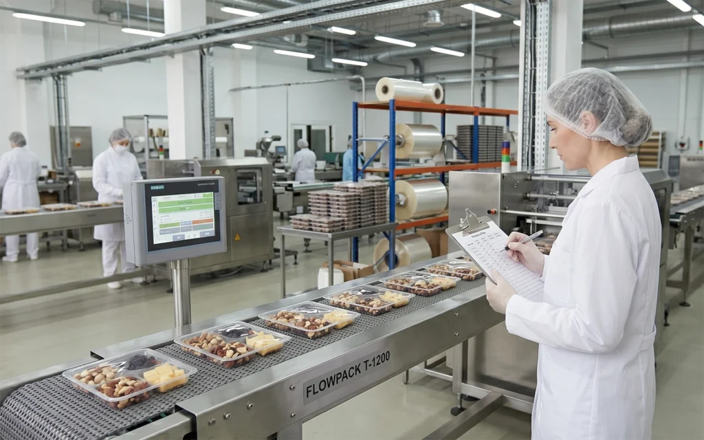 An operator tracking output metrics by a horizontal tray food packaging machine line in a clean factory workshop.