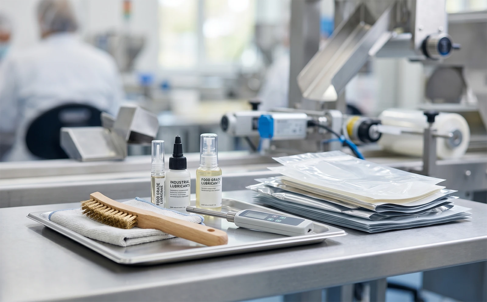 Maintenance tools on a stainless steel table in a food packaging facility with a conveyor line.