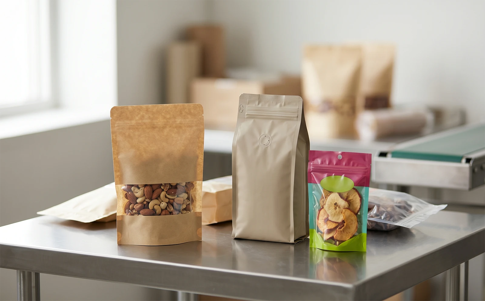 Professional stand-up pouches and snack packaging samples on a stainless steel food production table.