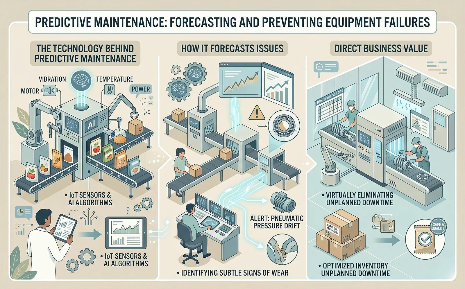 Infographic explaining predictive maintenance for packaging machinery using AI and IoT sensors.