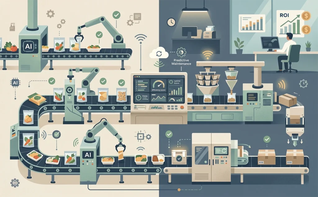 Flat illustration infographic showing automated food packaging with robotic arms, sensors, AI, predictive maintenance, and ROI dashboard.