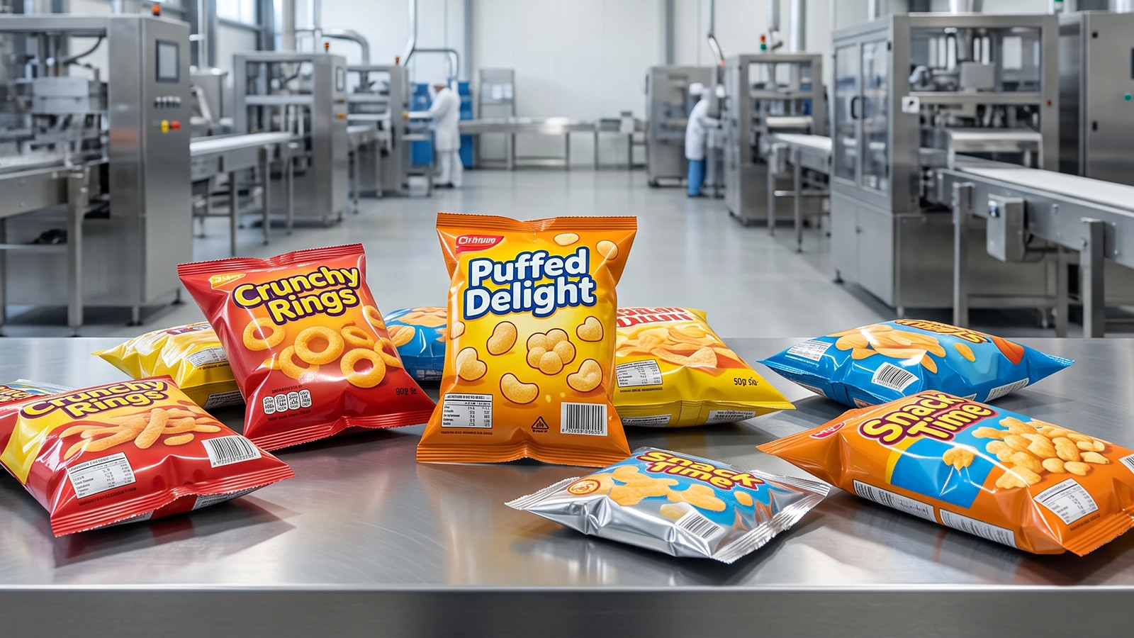 In-plant snack packaging on metal tables, highlighting food preservation for shelf life & crispness.