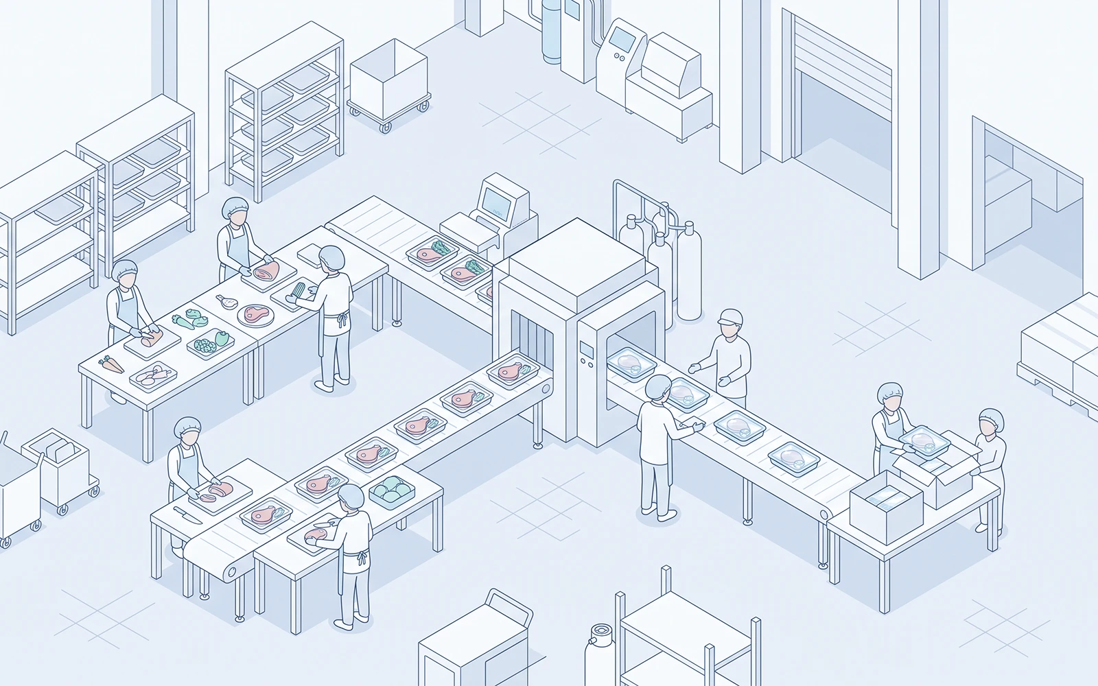 Isometric line illustration of workers packaging meat with a MAP machine in a clean food processing plant.