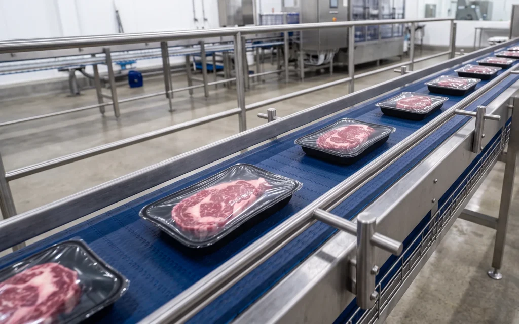 MAP packed fresh beef steaks in black trays moving on an automated packaging conveyor line in a clean facility.