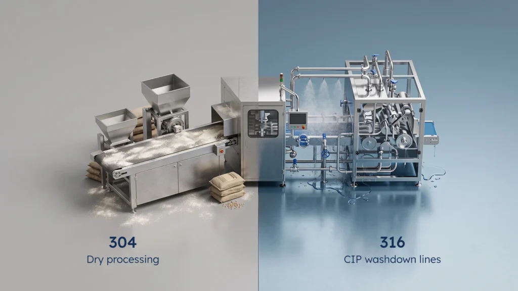 Isometric 3D render comparing 304 stainless steel dry bakery line and 316 CIP washdown machinery.