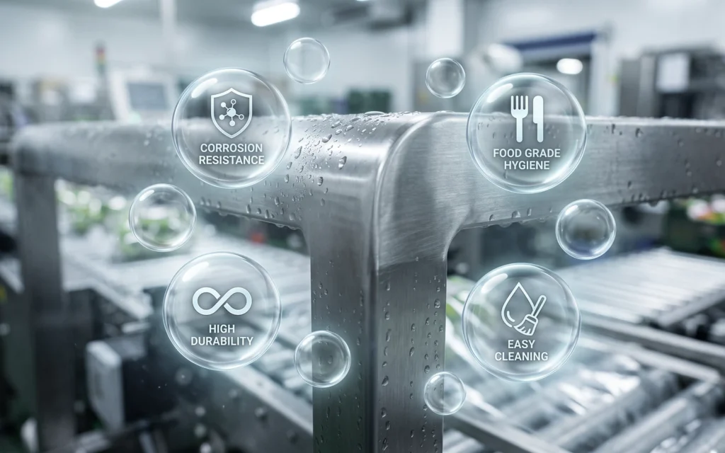 SUS304 stainless steel frame for wet-room cling film wrapping machines with corrosion resistance and hygienic features