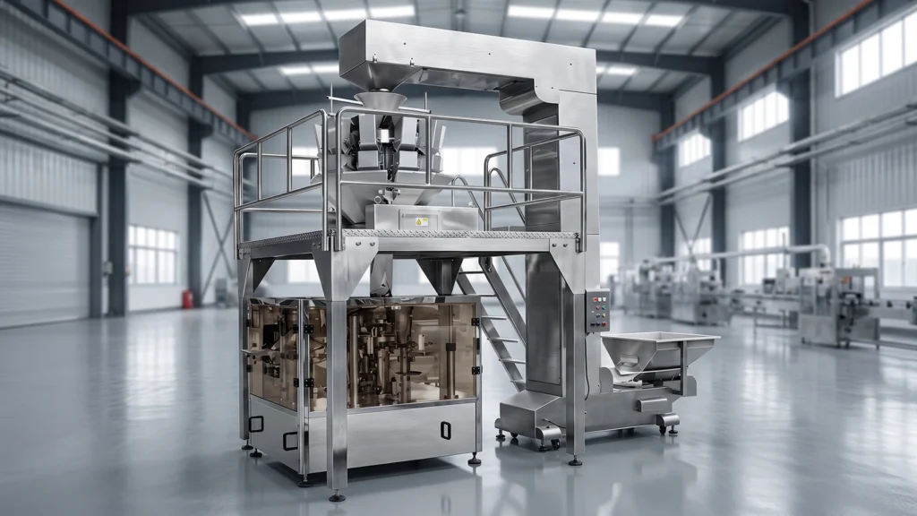 Automatic rotary premade pouch packing machine integrated with multi-head weigher in a modern clean factory setting