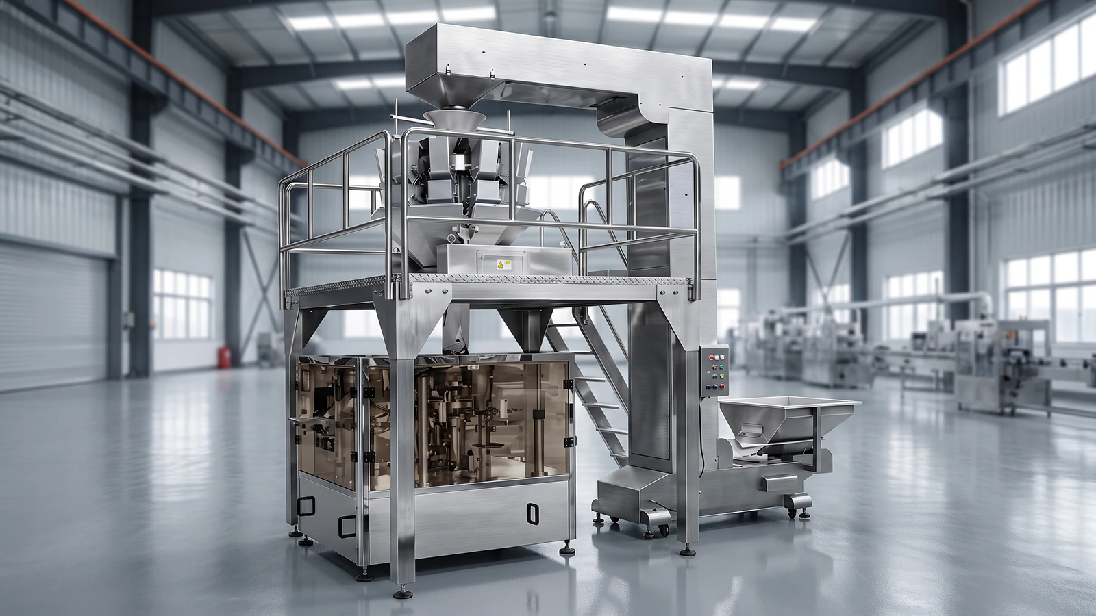 Automatic rotary premade pouch packing machine integrated with multi-head weigher in a modern clean factory setting