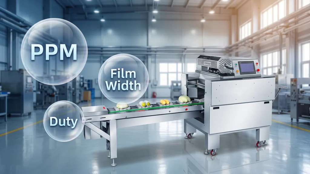 Automatic cling film wrapping machine in a clean food packaging workshop with PPM and film width parameters.