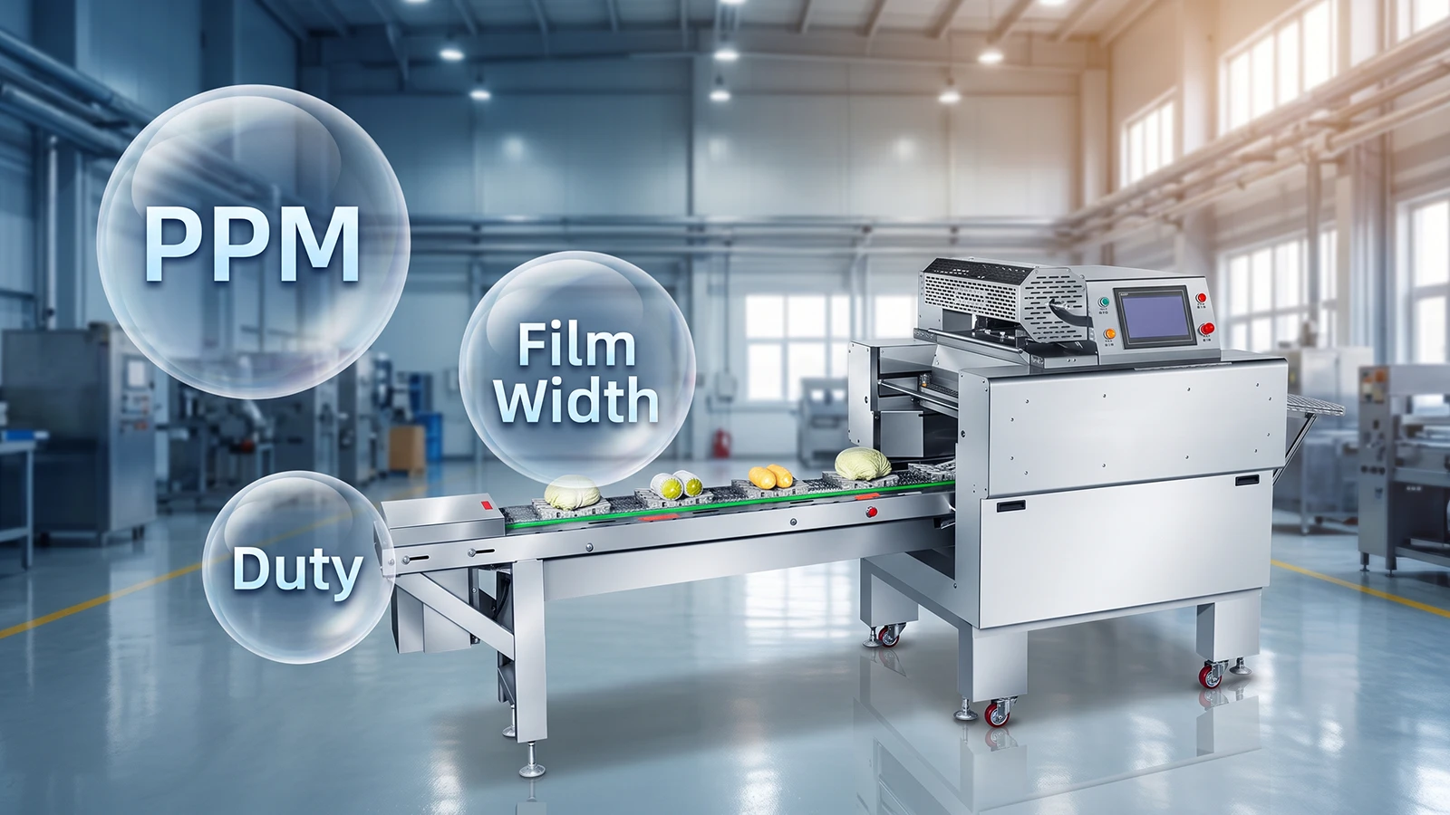 Automatic cling film wrapping machine in a clean food packaging workshop with PPM and film width parameters.