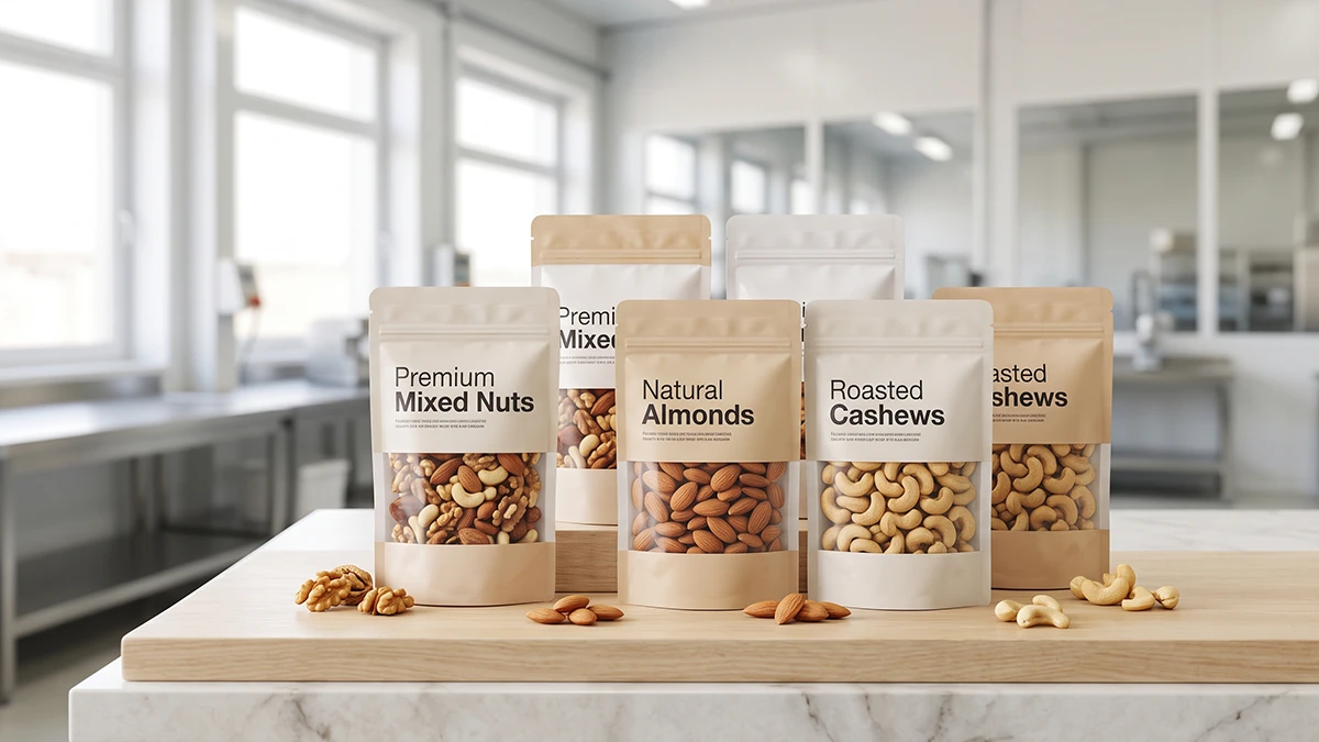 Sealed stand-up pouches of assorted mixed nuts, almonds, and cashews produced in a clean food packaging facility
