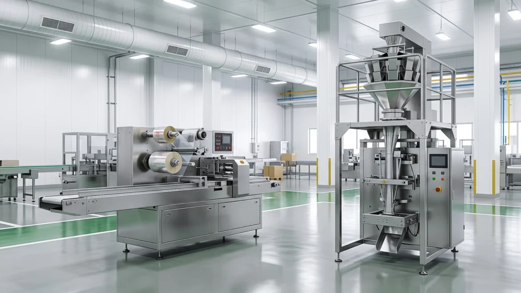 Flow wrapper and vertical form fill seal machines in a clean facility