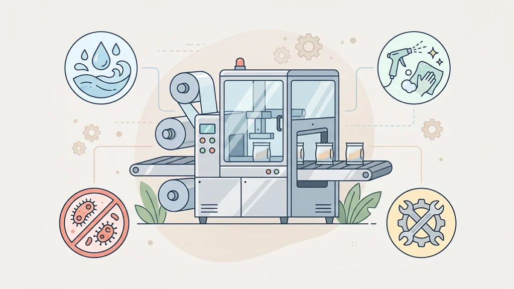 Flat illustration of a food packaging machine surrounded by icons for water, cleaning, bacteria prevention, and equipment maintenance.