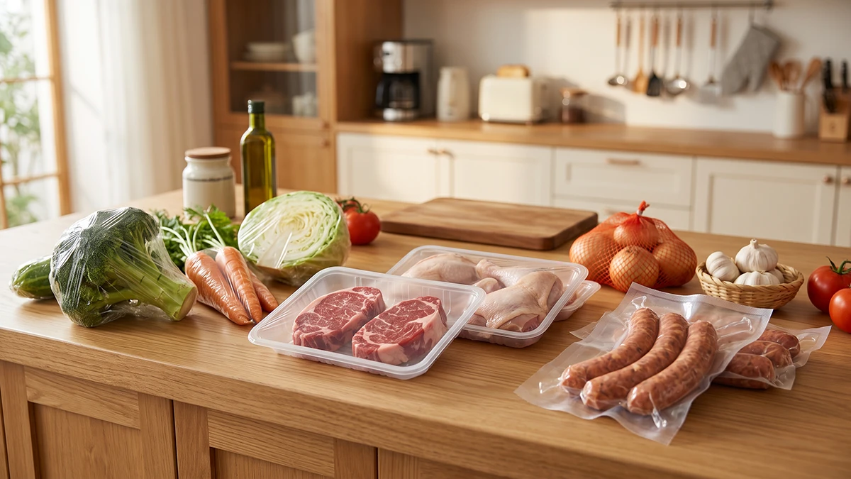 Cling-wrapped vegetables, fresh meat in plastic trays, and vacuum-sealed sausages arranged on a wooden kitchen counter.
